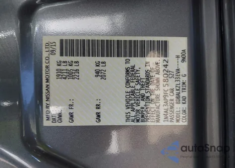 2015 Nissan Altima 2.5 Sv из США, поврежденный, VIN 1N4AL3AP9FC580242